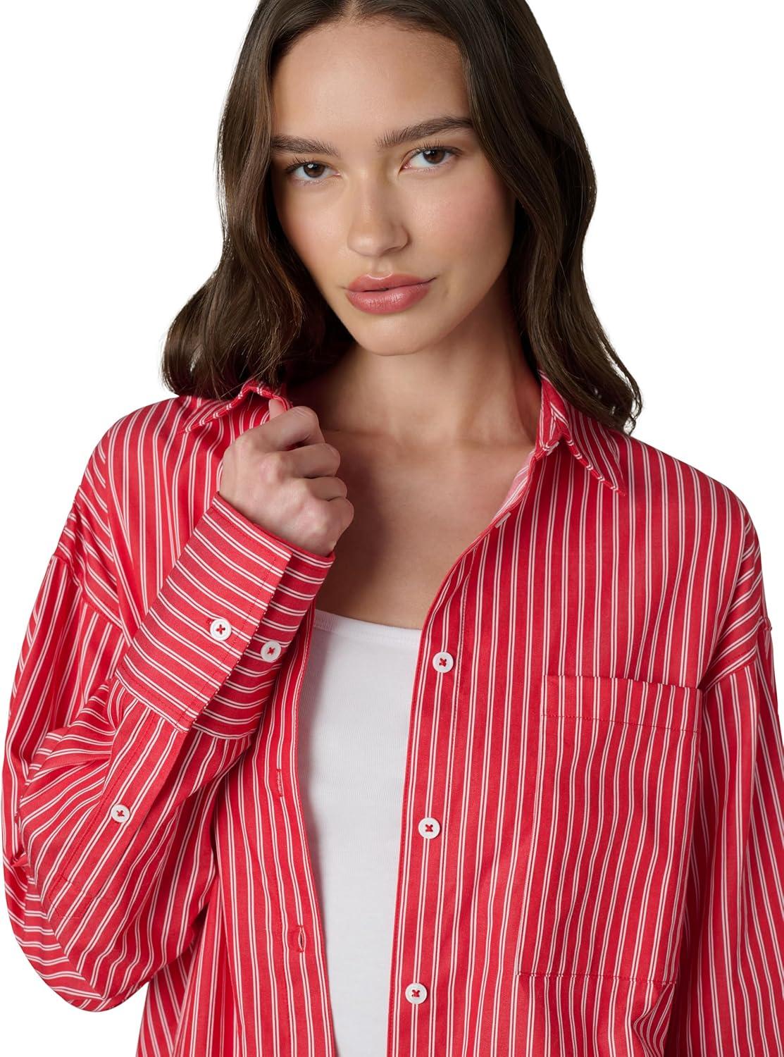 imageJoes Jeans Womens The Boyfriend Button Down Long Sleeve ShirtCherry Red and White Stripe