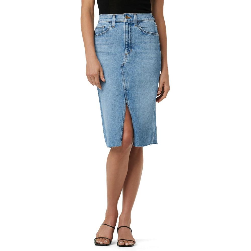 image:imageJoes Womens The Joplin High Rise Knee Length Denim Skirt with Front SlitBad Habit Raw Hem
